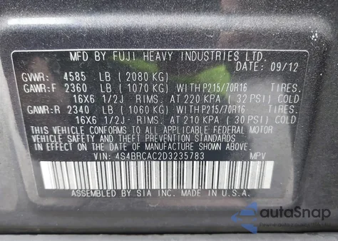 2013 Subaru Outback 2.5I z USA, uszkodzony, nr VIN 4S4BRCAC2D3235783